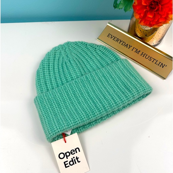 Open Edit Accessories - Open Edit cashmere and wool green rib knit beanie hat, new with tags